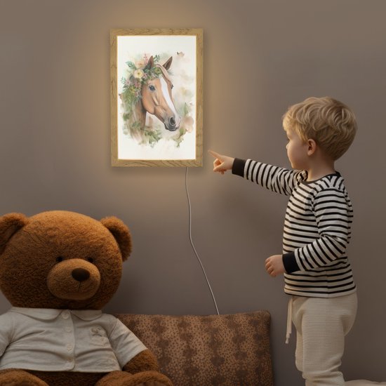Nachtlampje 20x30 cm - Kinder lamp - Paard - Bloemen - Natuur - Waterverf - Dieren - Tafellamp kinderkamer - Slaapkamer lamp - Bedlamp kinderen - Kinderlampje stopcontact - Wandlamp babykamer - Nachtlampjes van Merkloos — afbeelding 5