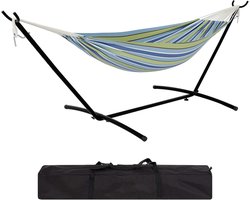 2-Persoons Hangmat met Standaard - Tot 200 kg - Inclusief Draagtas - Braziliaans Design Katoen - Voor Tuin, Balkon & Binnen - Blauw / Groen Gestreept