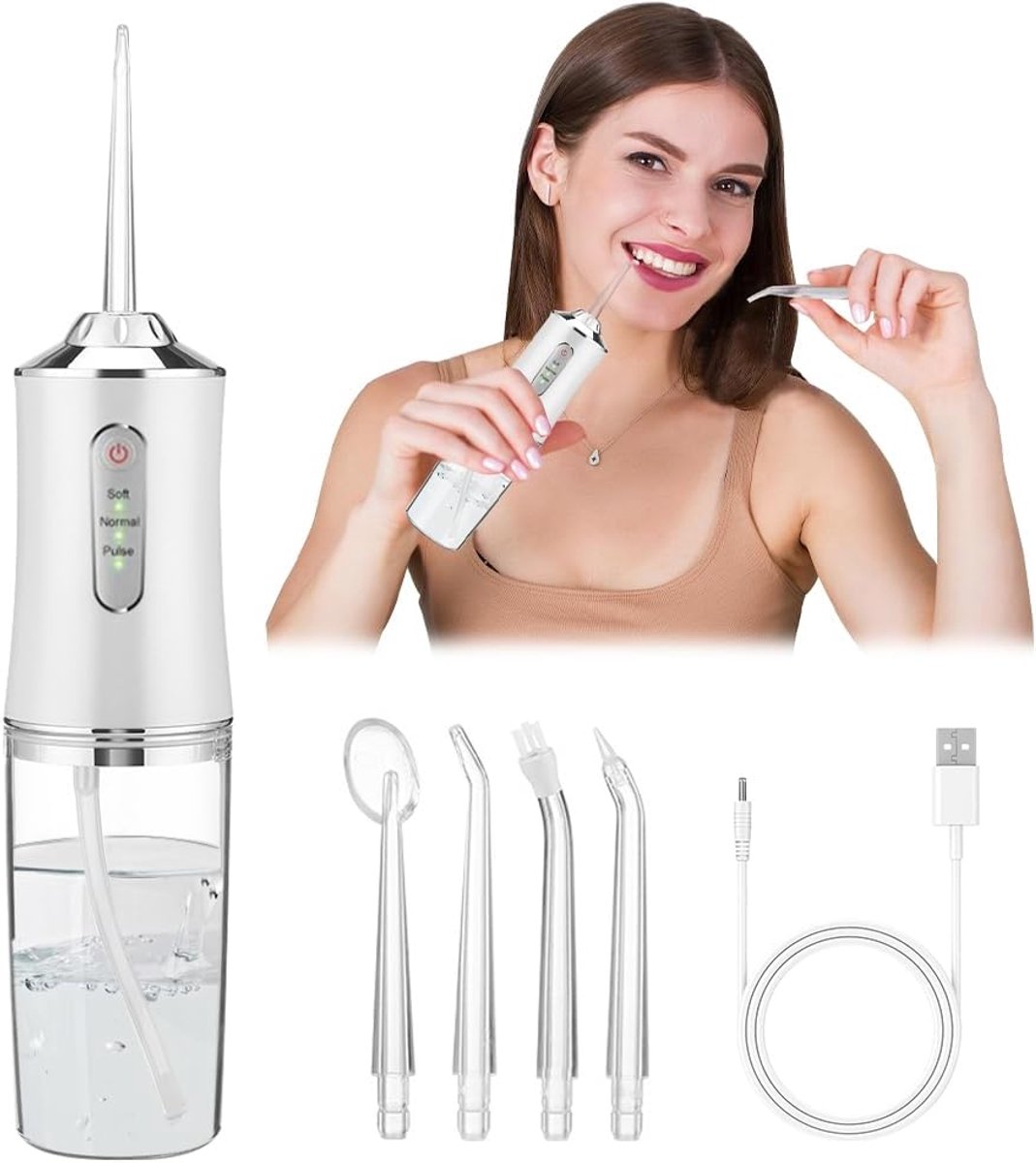 Waterflosser - Draagbare Tandenstoker - Monddouche 220 ml - Oplaadbaar via USB - 3 Standen - IPX7 Waterdicht - Wit