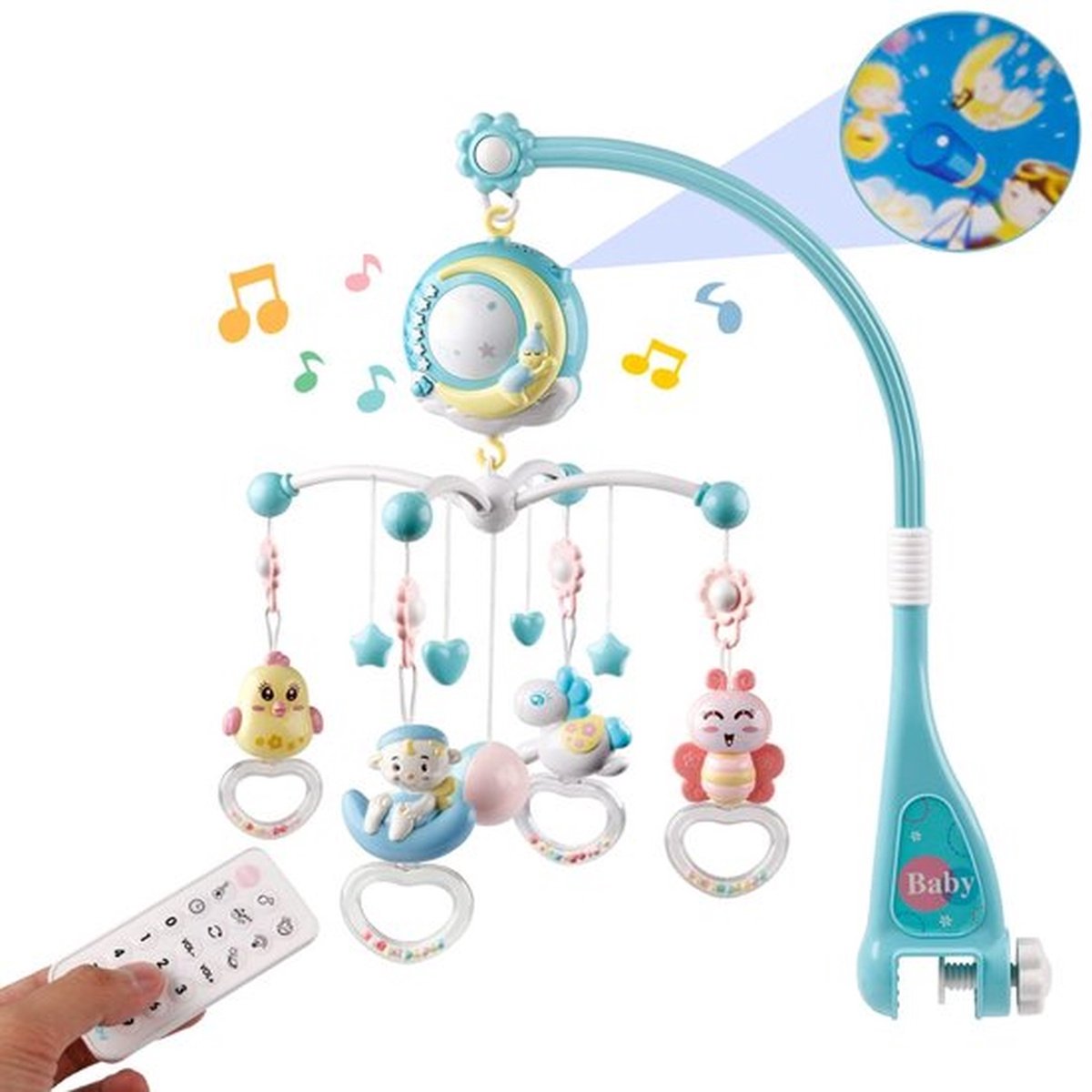 Baby Mobiel met Muziek en Licht - Projector en Licht - Timerfunctie - Afstandsbediening - Inclusief Muziekdoosje en Rammelaars - Cadeau voor Pasgeboren Baby's (jongens en meisjes)
