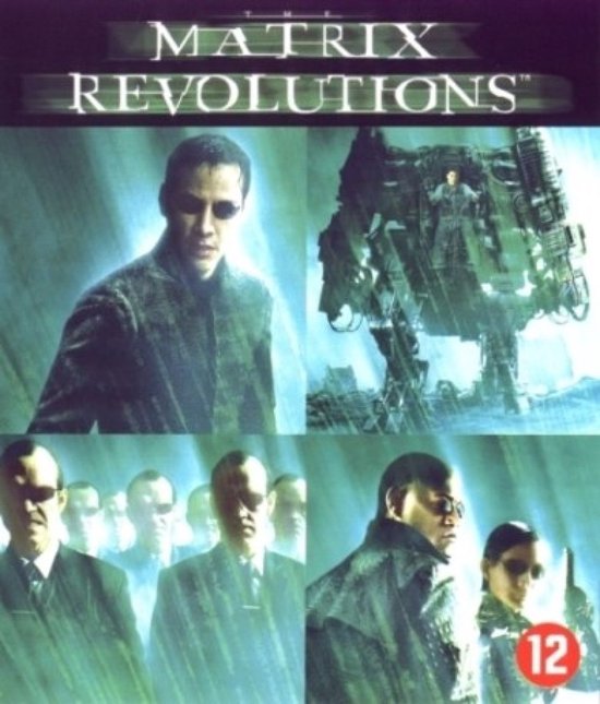 The Matrix Revolutions poster met Keanu Reeves, een mechanisch wezen en andere personages. Leeftijdsindicatie 12.