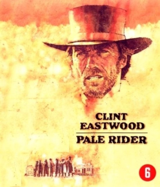 Poster van de film Pale Rider met Clint Eastwood in een hoed en een scène van cowboys. De tekst 'CLINT EASTWOOD PALE RIDER' staat centraal.