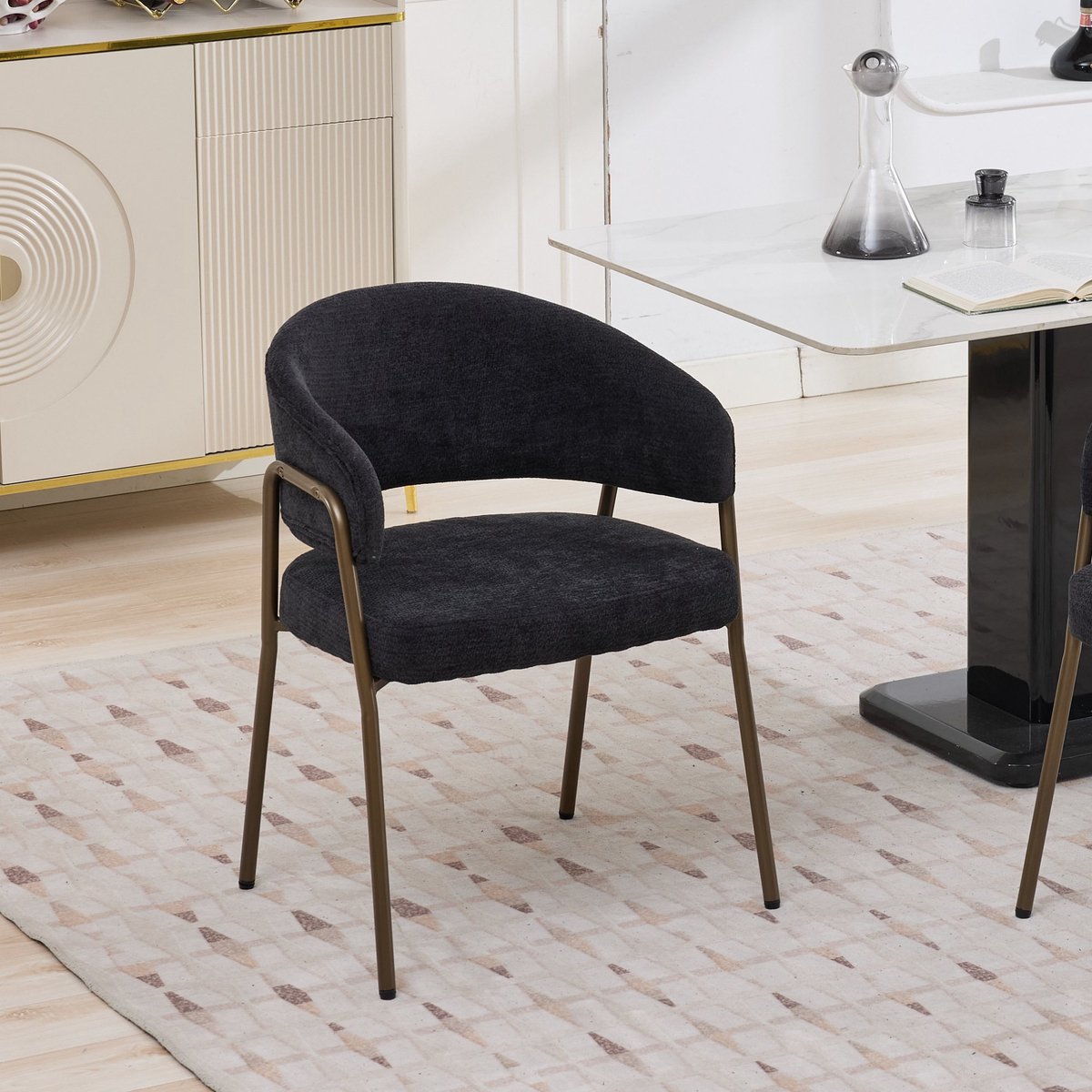 PHOEBE CAT Eetkamerstoel - Fauteuil - Chenille - Metalen poten - Zwart (1 stuk)