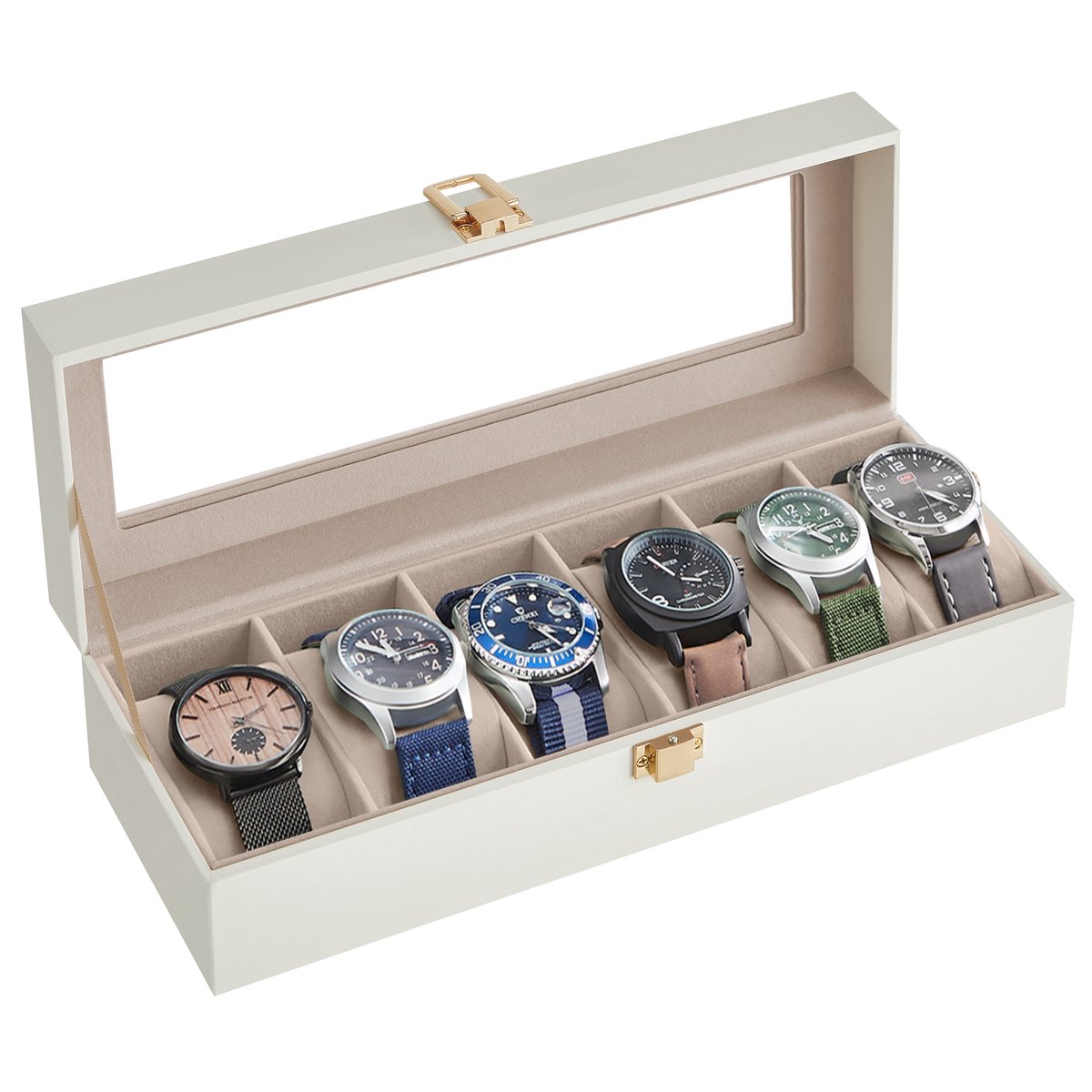 SONGMICS - Horloge Doos - Met 6 Vakken - Glazen Deksel - Uitneembare Kussens - Metalen Sluiting
