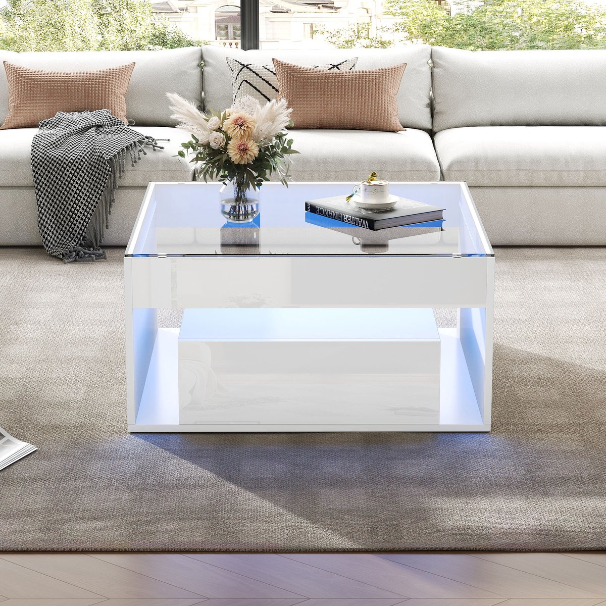 REDOM Salontafel - 2 Laden - Ledverlichting - Modern - Woonkamer - MDF En Gehard Glas - Wit - 70 X 70 X 35 Cm