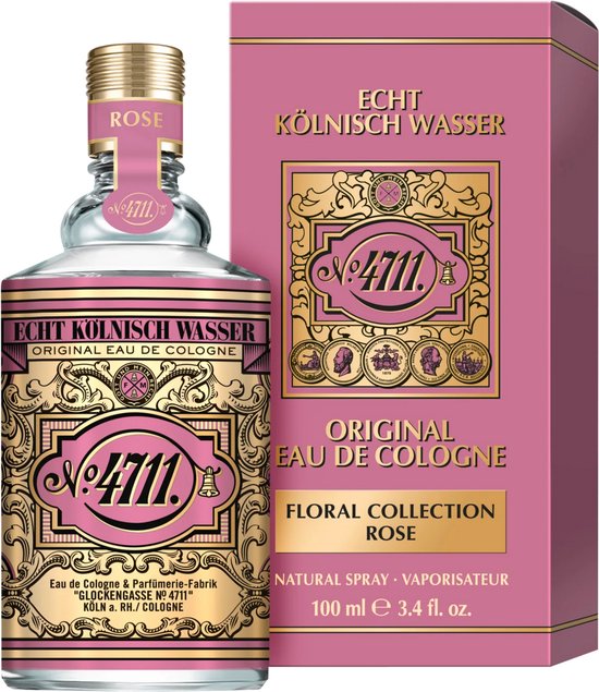 Fles en doos 4711 Eau de Cologne Floral Collection Rose 100 ml in roze en goud.