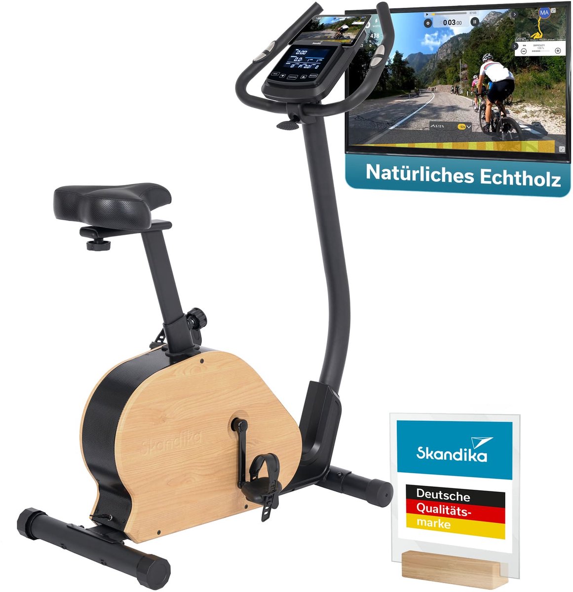 Skandika ergometer Treliv P8 - Hometrainer van ijzer met hout, magneetrem met 32 standen, LED-display, 22 programma’s, zadel & stuur verstelbaar, Bluetooth compatibel met Kinomap app, tot 120 kg