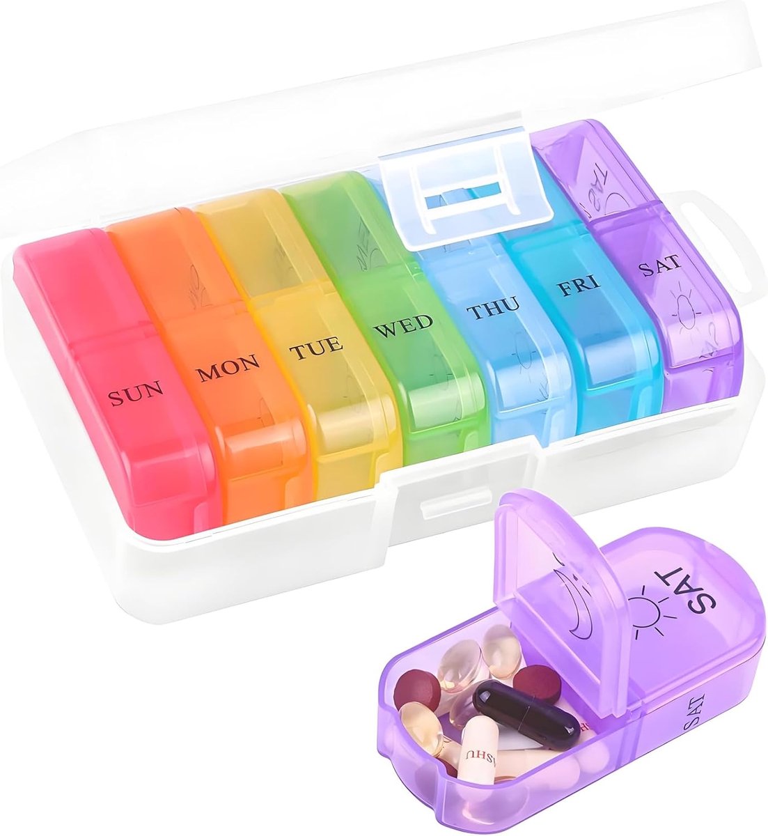 Pill Box 7 Days 2 Compartments, Medicine Organizer 7 Days Pill Organizer, Portable Pill Box Pill Box for On The Go on Travel with 14 Large Compartments for Pills Vitamins, Rainbow