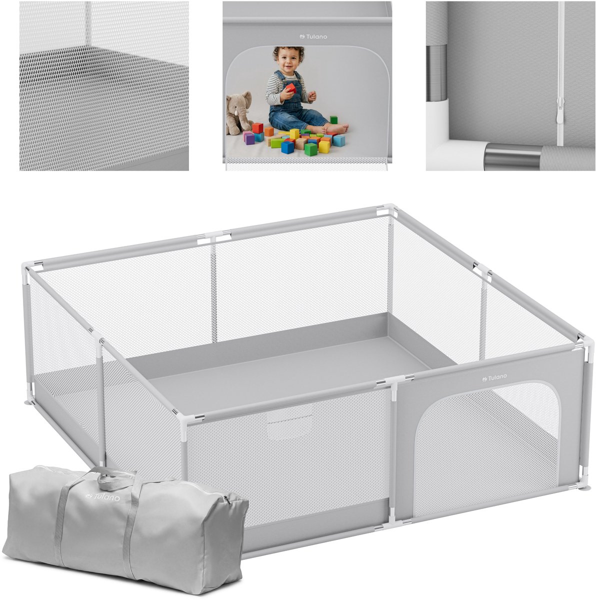 Tulano - Cozy 28 - babybox - kinderbox – 180x200 cm – voor binnen en buiten – grijs/wit – ademend gaas – EN71-gecertificeerd – 6 tot 36 maanden