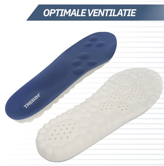 Blauwe en witte inlegzolen met geperforeerde patronen voor optimale ventilatie.
