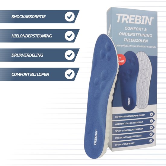 Blauwe inlegzool met witte zijkanten, met opsomming van schokabsorptie en comfort.