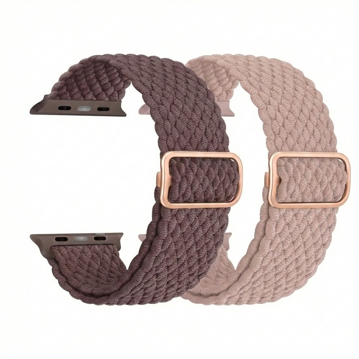 Roze bruin nylon horloge band 2 pack dames heren geschikt voor Apple Watch 38 mm / 40 mm / 41 mm / 42 mm (serie 10 / 11) – rekbare band – gevlochten verstelbare stijl