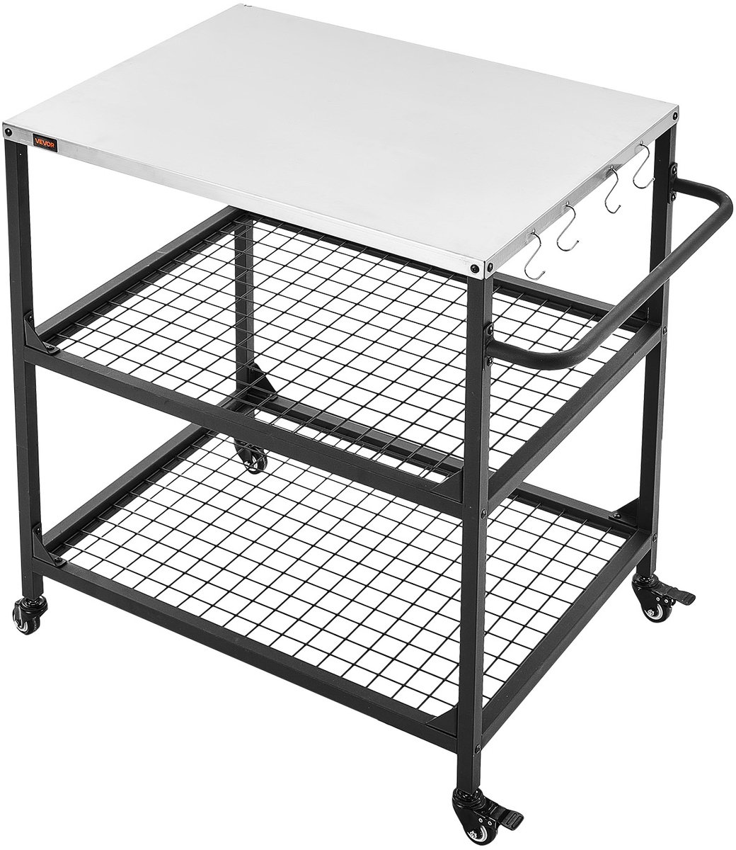 VEVOR Outdoor Grillwagen 80x61 cm (tafelbladformaat), verrijdbare grilltafel met zijhandgreep, 2 gaasplanken en 4 wielen, grillvoorbereidingstafel, serveerwagen voor picknick, keuken en tuin