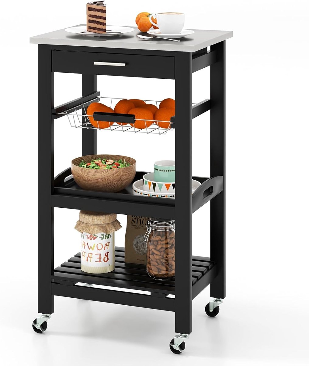 KOMFOTTEU Serveerwagen met roestvrij stalen werkblad, keukentrolley klein, rolwagen met lade en planken, keukenrek, keukentrolley voor keuken eetkamer (zwart)