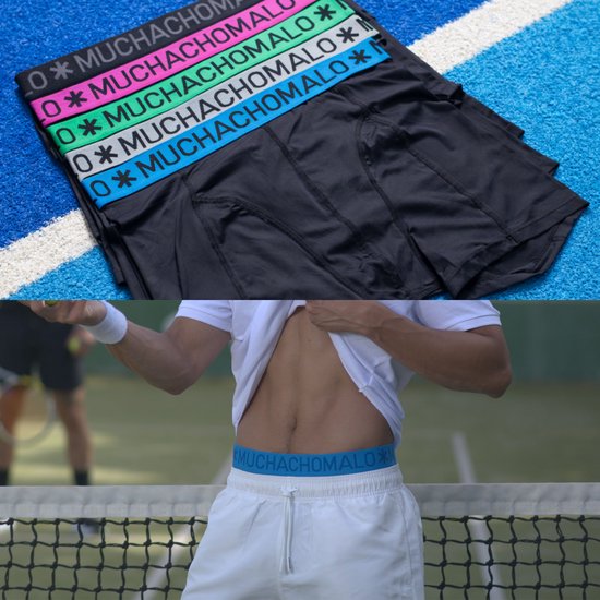 Collage: Stapel zwarte boxershorts met gekleurde logo-banden en man met blauwe band op padelveld.