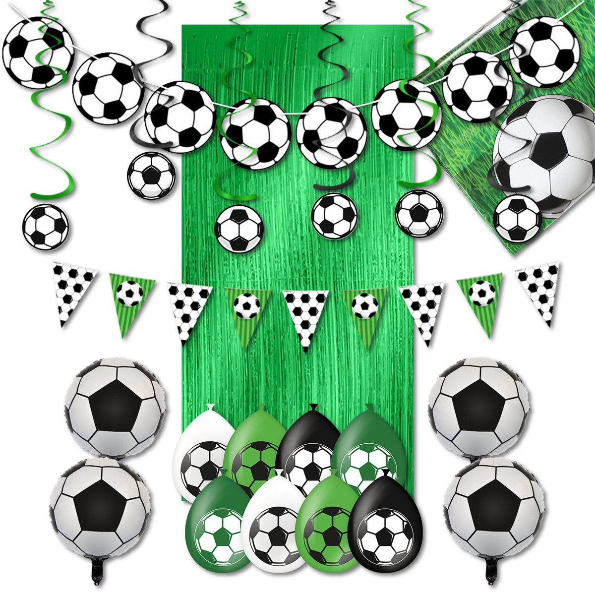 LUQ – Voetbal Pakket Decoratie – Groen-Zwart-Wit – Football Party Versiering – Set Ballonnen Slingers - Direct Ophangen