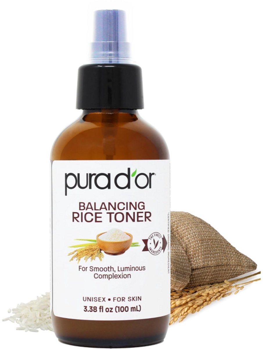 PURA D’OR Rice Water Balancing Facial Toner 100 ml – Hydraterende & Kalmerende Gezichtstoner met Natuurlijke Extracten – Alcoholvrij – Travel Size 100ML