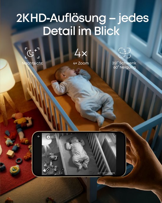 eufy Babyfoon C10 + Baby Monitor C10 Add-On Camera – 2K HD Camera – 4,5" Écran – Pan & Tilt – Vision Nocturne – Wi-Fi ou Sans Wi-Fi – 12 Heures Batterie – Détection de Mouvement, Pleurs & Son – Alarme Température – Conversation Bidirectionnelle – VOX