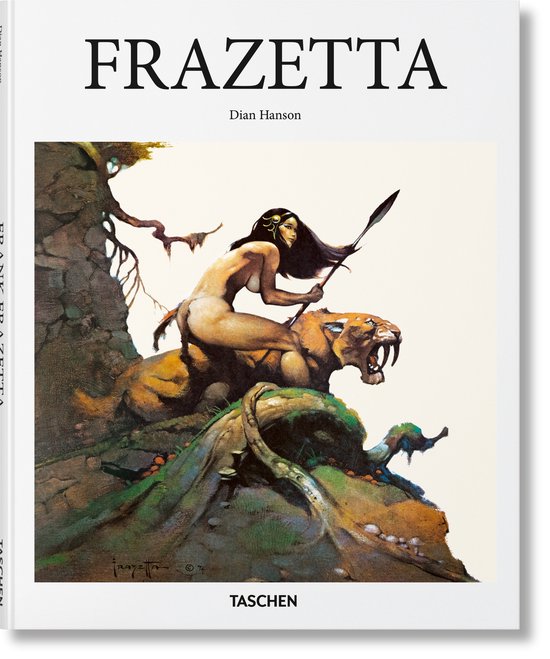 Boekomslag met een schilderij van een vrouw op een sabeltandtijger, met de tekst FRAZETTA en Dian Hanson.
