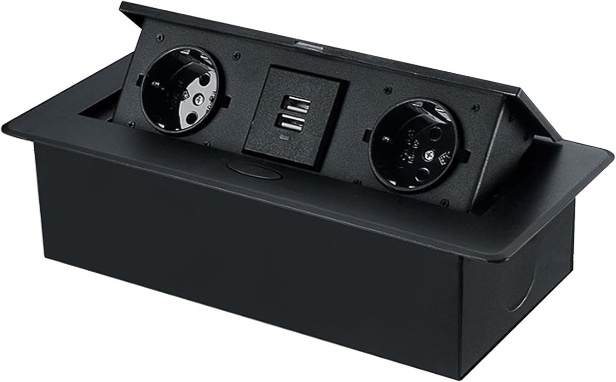 Inbouwstekkerdoos voor op het bureau, pop-up stekkerdoos, verborgen multimediastekkerdoos, multifunctionele stroomhub, 2 stopcontacten + 2 USB-oplaadpoorten, zwart.