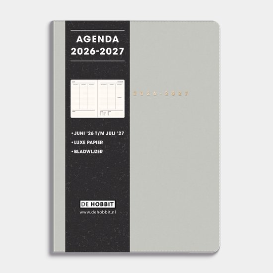 Hobbit - A5 Agenda 2026-2027 - 1 week op 2 pagina's - Agenda A5 (14,8 x 21 cm) - Flexibele Kaft - Washed Kaft Grijs