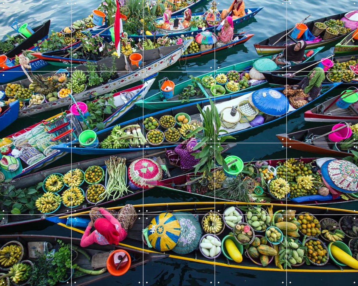 IXXI Pasar Terapung, Various - 100 x 80 cm - Gratis ophangtool - Grote wanddecoratie en posters - Kleurrijk, Fotografie, Keuken, Woonkamer, Eetkamer