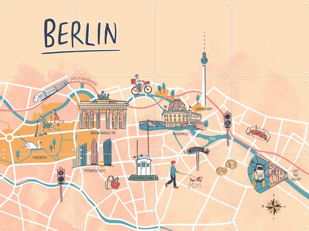 IXXI Berlin Illustration, Revista Ontwerp & Kunst in Kaart - 80 x 60 cm - Gratis ophangtool - Grote wanddecoratie en posters - Digitale Kunst