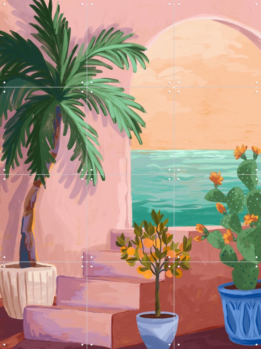 IXXI Stairway to Paradise, Goed Blauw - 60 x 80 cm - Gratis ophangtool - Grote wanddecoratie en posters - Digitale Kunst, Illustraties, Speels, Trap