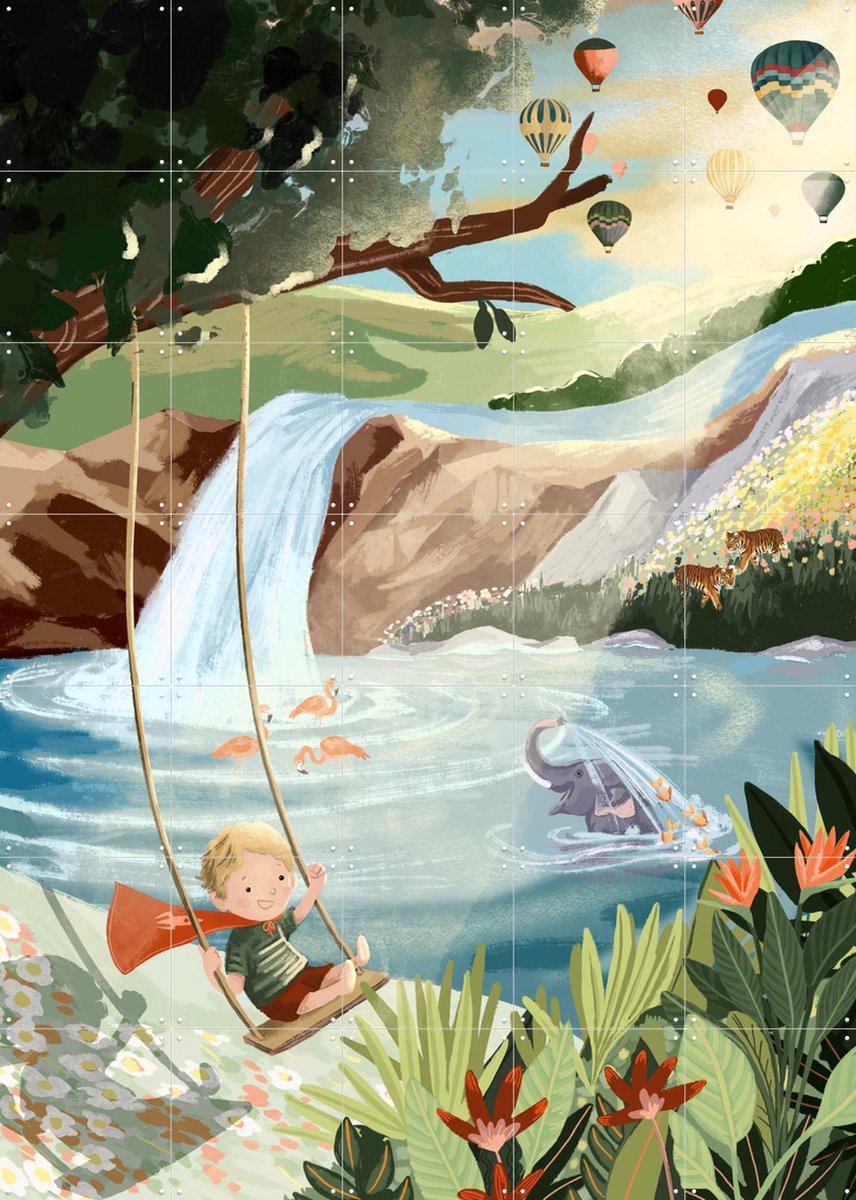 IXXI Swingset Dreams, Goed Blauw - 100 x 140 cm - Gratis ophangtool - Grote wanddecoratie en posters - Speels, Illustraties, Fantasierijk, Kleurrijk