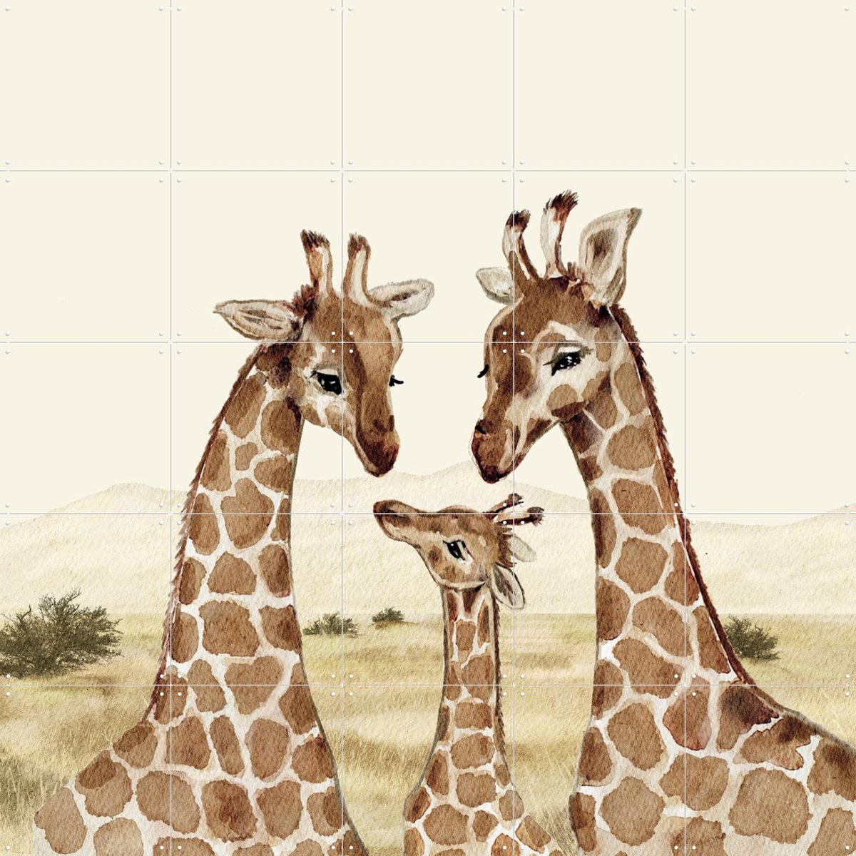 IXXI Giraffenfamilie, Irene Jelier - 100 x 100 cm - Gratis ophangtool - Grote wanddecoratie en posters - Speels, Aquarel, Illustraties, Kinderkamer