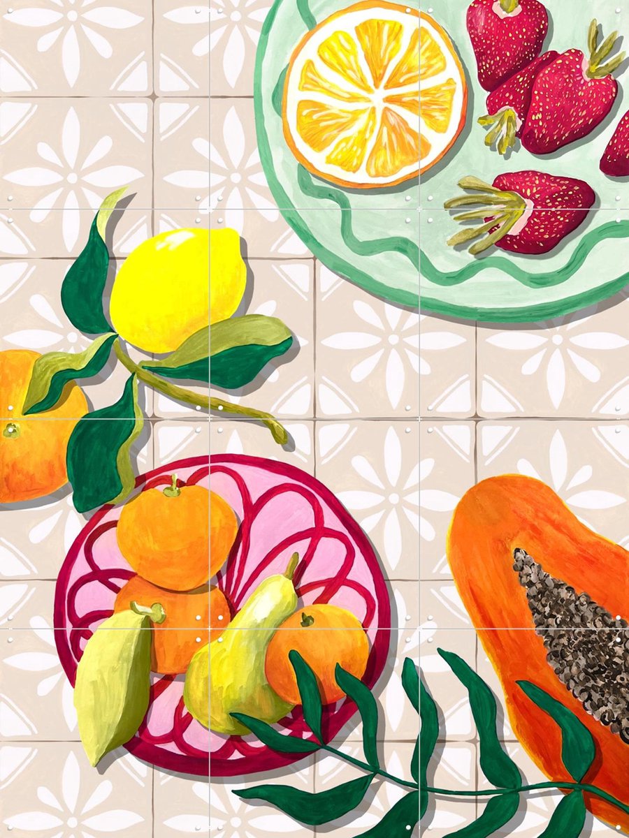 IXXI Fruta y Ceramica, Palmartprints - 60 x 80 cm - Gratis ophangtool - Grote wanddecoratie en posters - Illustraties, Kleurrijk, Speels, Woonkamer