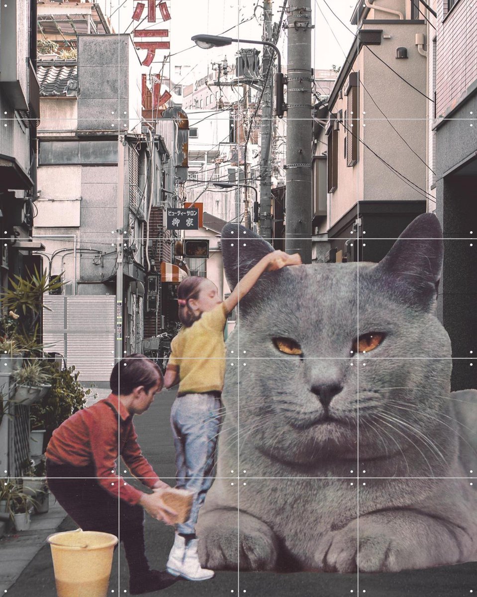 IXXI Children washing a giant cat in Tokyo streets, Florent Bodart - 80 x 100 cm - Gratis ophangtool - Grote wanddecoratie en posters - Grafisch