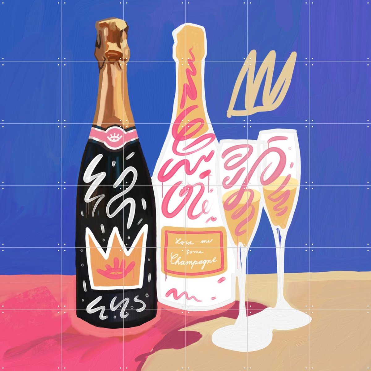 IXXI Champagne, Pop-art by Tadej - 120 x 120 cm - Gratis ophangtool - Grote wanddecoratie en posters - Digitale Kunst, Speels, Kleurrijk