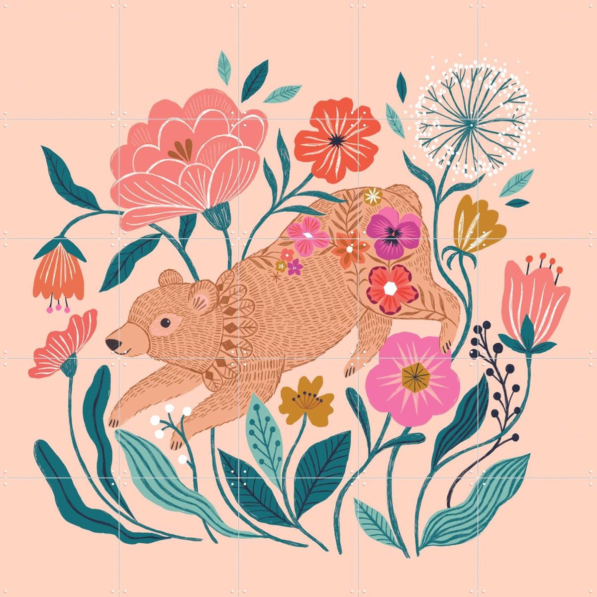 IXXI Flower Bear, Bethan Janine - 100 x 100 cm - Gratis ophangtool - Grote wanddecoratie en posters - Illustraties, Fantasierijk, Kleurrijk, Speels