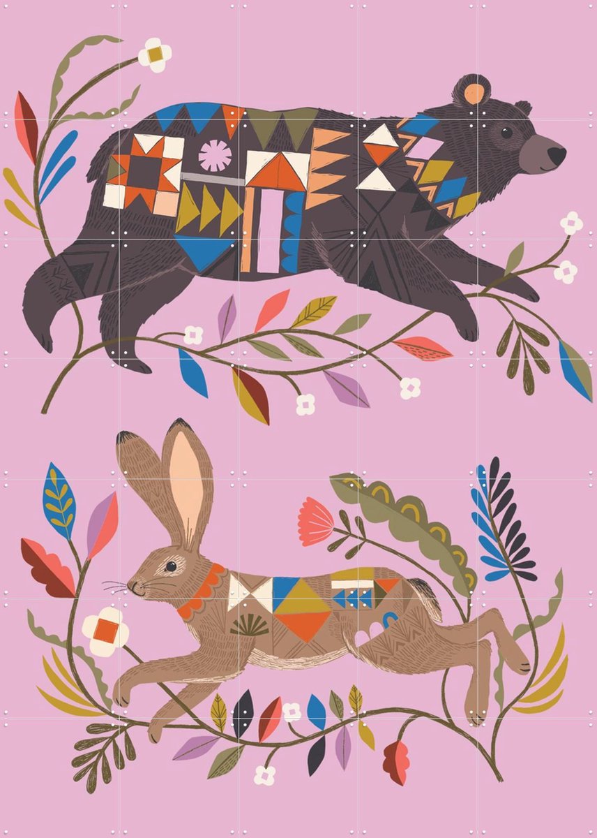 IXXI Bear & Rabbit, Bethan Janine - 100 x 140 cm - Gratis ophangtool - Grote wanddecoratie en posters - Speels, Fantasierijk, Illustraties, Kleurrijk