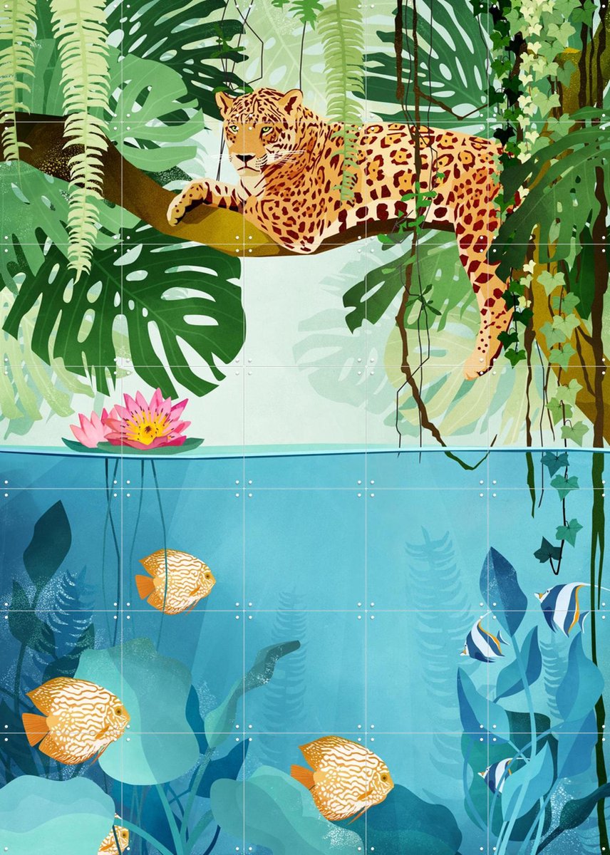 IXXI Welcome to the Jungle, Goed Blauw - 100 x 140 cm - Gratis ophangtool - Grote wanddecoratie en posters - Digitale Kunst, Illustraties, Gemengde