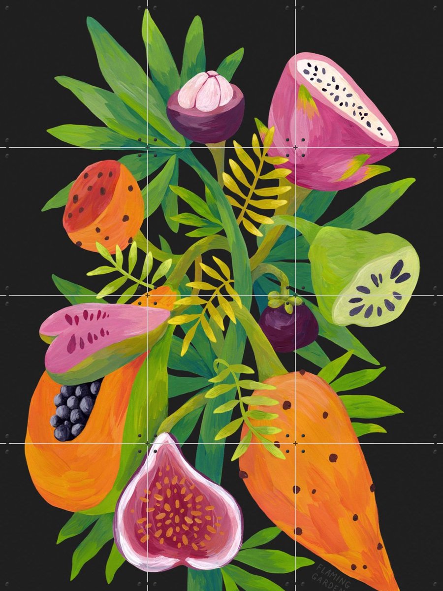 IXXI Exotic Fruits black, Flaming Garden - 60 x 80 cm - Gratis ophangtool - Grote wanddecoratie en posters - Digitale Kunst, Kleurrijk, Speels
