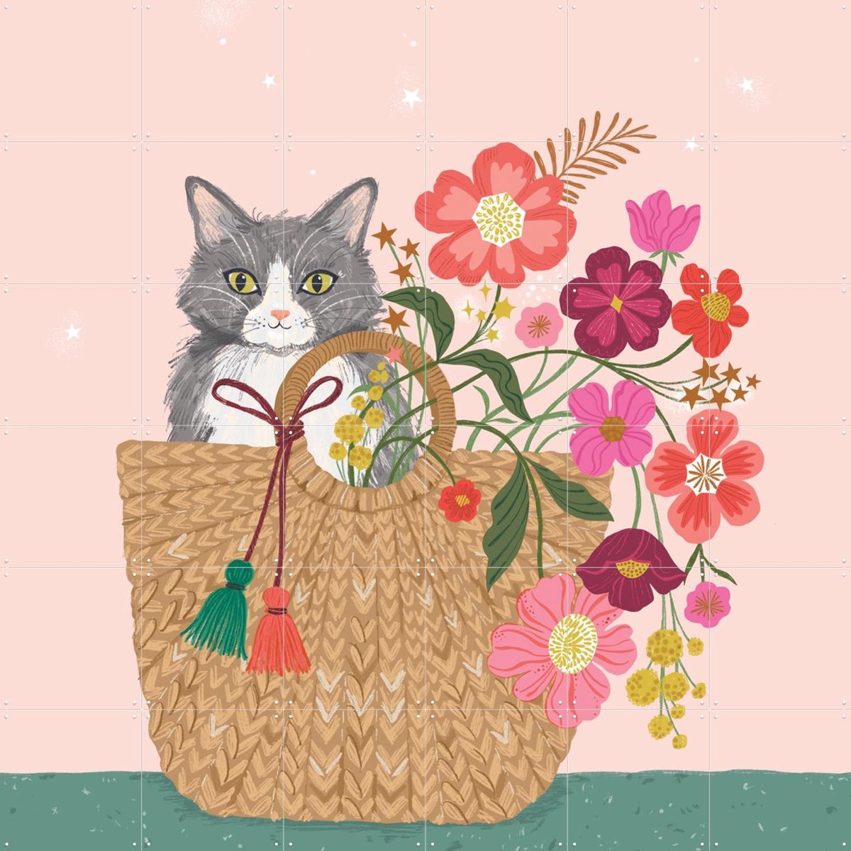 IXXI Cat Floral, Bethan Janine - 120 x 120 cm - Gratis ophangtool - Grote wanddecoratie en posters - Fantasierijk, Kleurrijk, Speels, Illustraties