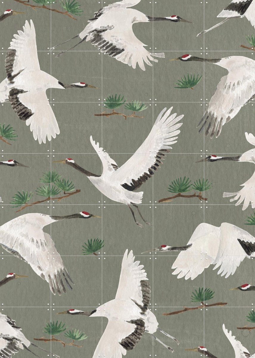 IXXI Cranes Green, Isabelle Vandeplassche & Rijksmuseum 2.0 - 100 x 140 cm - Gratis ophangtool - Grote wanddecoratie en posters - Klassiek, Aquarel