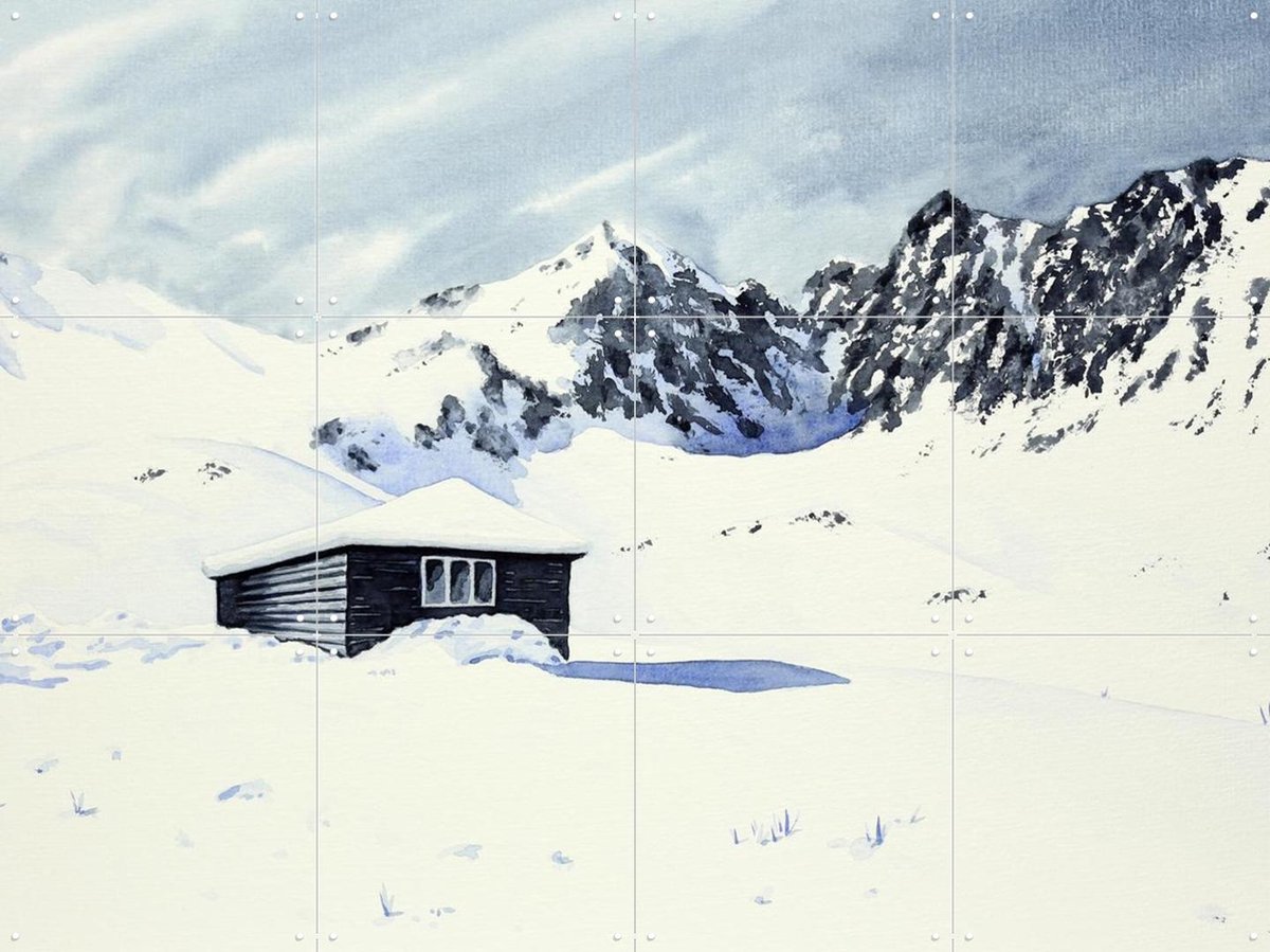 IXXI Wooden Cabin with Snow, Natalie Bruns - 80 x 60 cm - Gratis ophangtool - Grote wanddecoratie en posters - Aquarel, Realisme, Slaapkamer, Gang