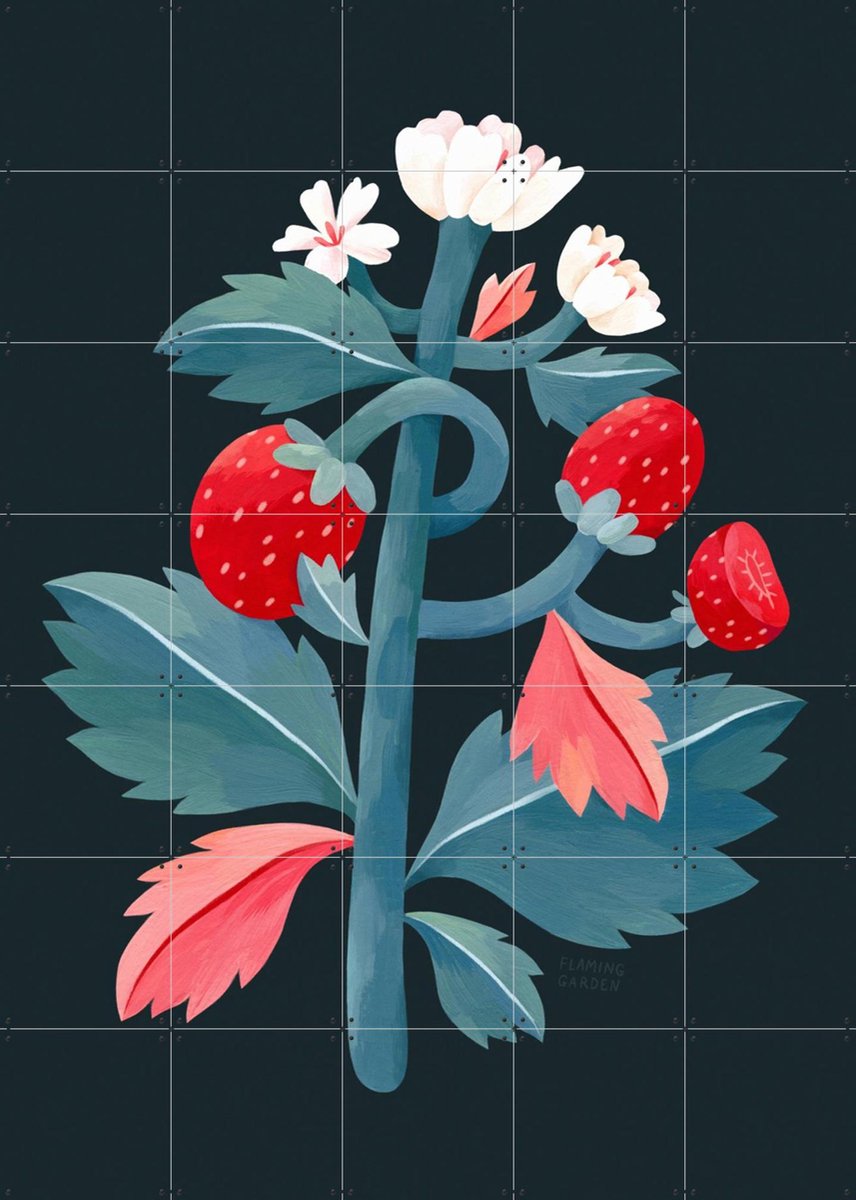 IXXI Strawberry, Flaming Garden - 100 x 140 cm - Gratis ophangtool - Grote wanddecoratie en posters - Speels, Illustraties, Eetkamer, Woonkamer