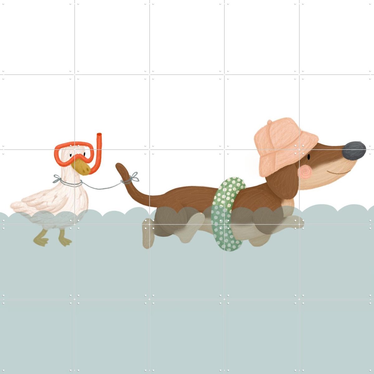IXXI Swimming Dachshund, Studio Phie - 100 x 100 cm - Gratis ophangtool - Grote wanddecoratie en posters - Digitale Kunst, Illustraties, Speels