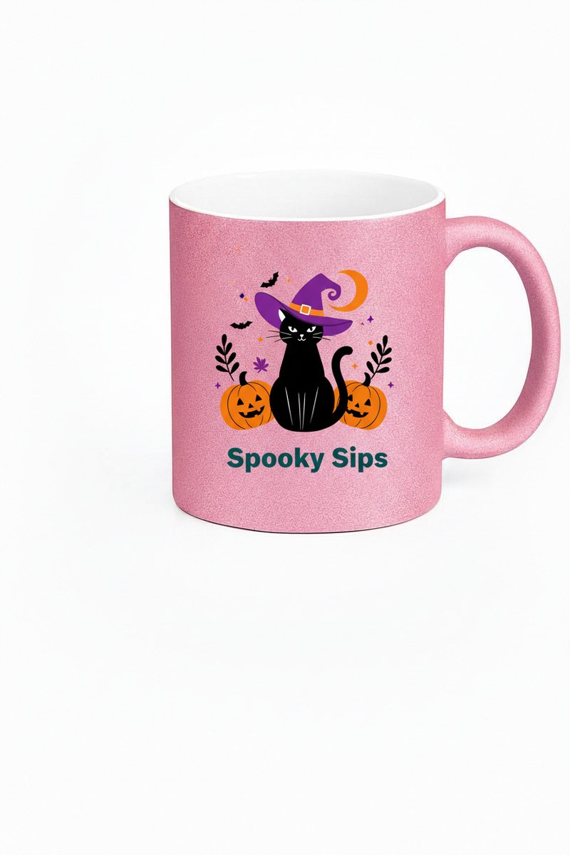 Spooky Sips Halloween Mok - Kat met Heksenhoed en Pompoenen