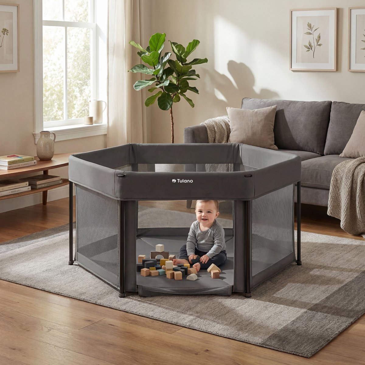 Tulano Cozy 30 - Grondbox - 125x125x66cm - Met draagtas - Inklapbare - Opvouwbare Baby Speelbox - zeshoek - voor binnen en buiten - ademend gaas - EN71 gecertificeerd - Grafiet