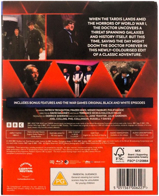 Achterkant van de Blu-ray-hoes van Doctor Who: The War Games, met een tekstoverzicht en scènes uit de serie.