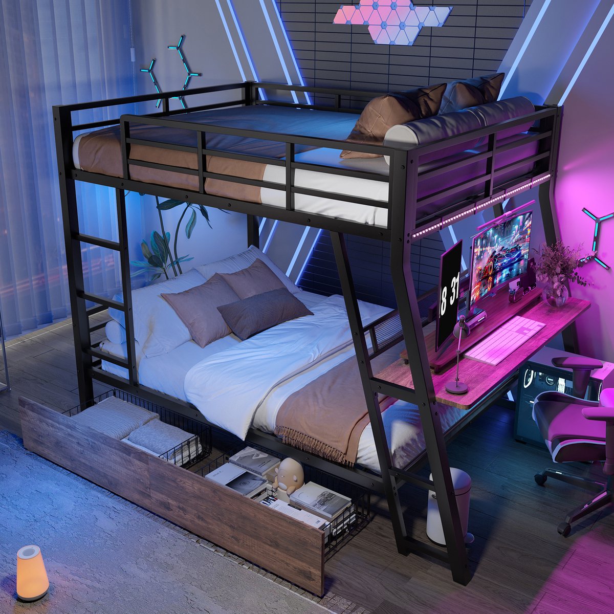 STILVORA Hoogslaper 140x200 cm – Bed Met Bureau En Ledverlichting – Trap Met Veiligheidshek – 2 Laden Voor Opbergen – Zonder matras – Metaal Mdf – Zwart