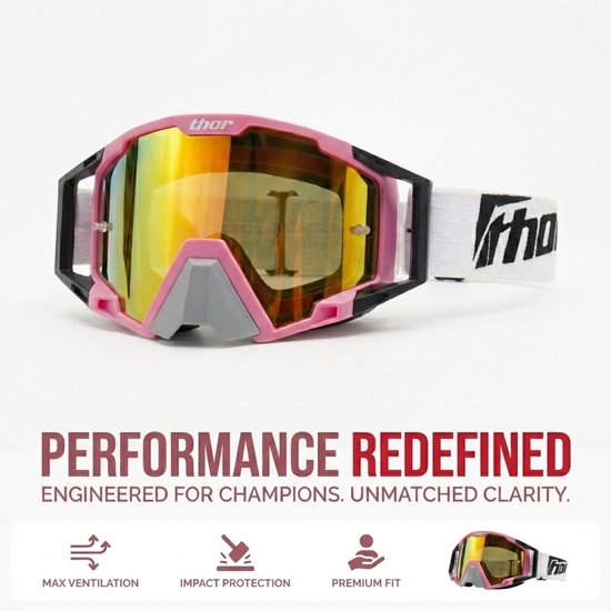 Roze Thor crossbril met spiegelend geel vizier, grijze neus en zwart frame. Witte band met Thor logo.