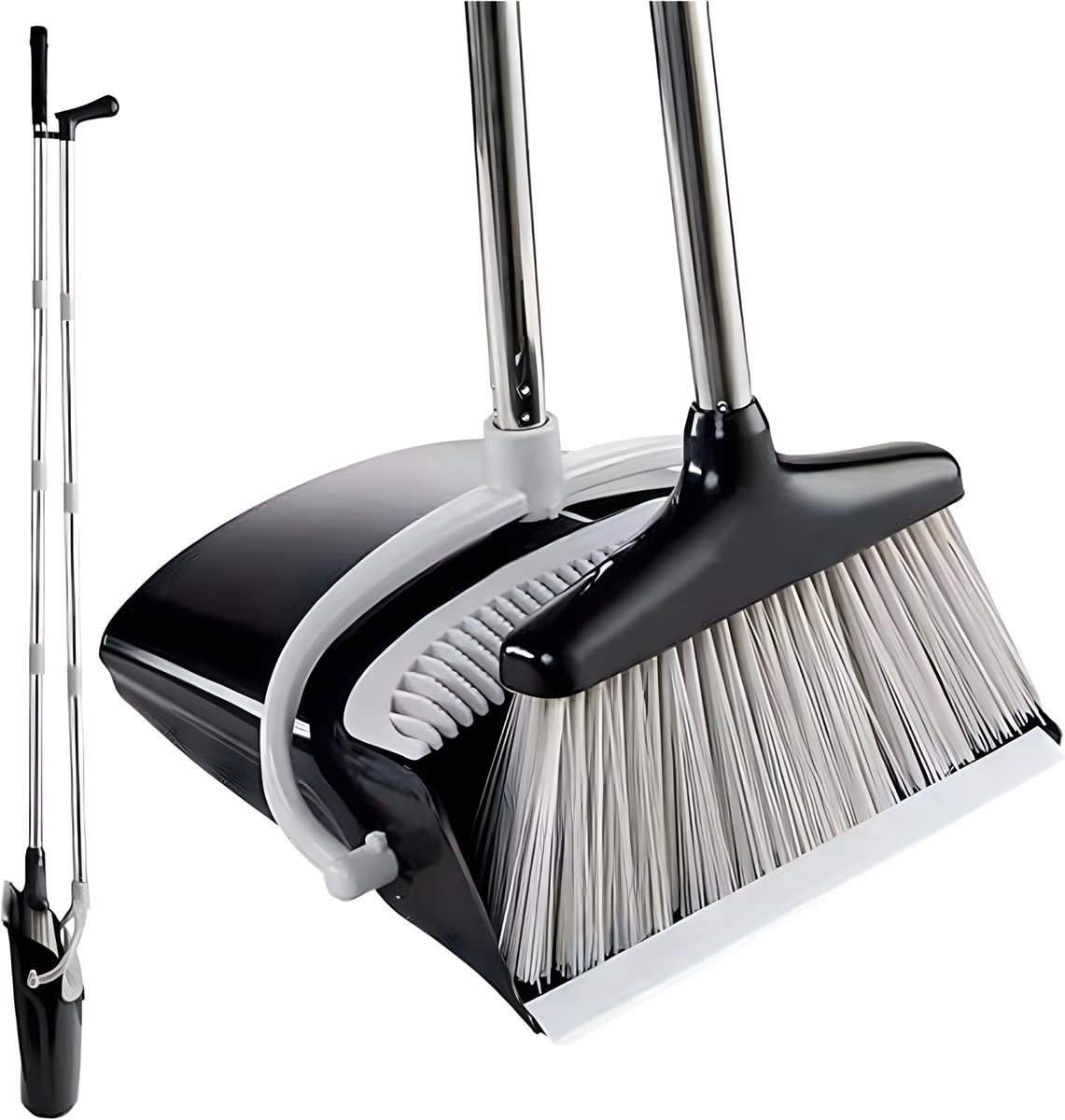 Somstyle Stoffer en Blik met Lange Steel - Handveger & Vuilblik - Bezem Verstelbaar 93-124 CM - Zwart / Grijs