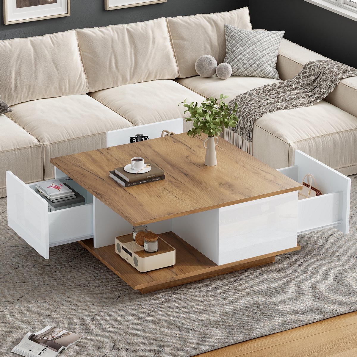 OKWISH Salontafel – Vierkant 70×70×31,5 Cm – 3 Laden En Open Vak – Hoogglans Fronten – Voor Kleine Woonkamer – Spaanplaat Wit Walnoot