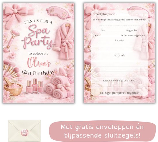 Invitation rose spa party avec un espace vierge à remplir au verso et enveloppe assortie.